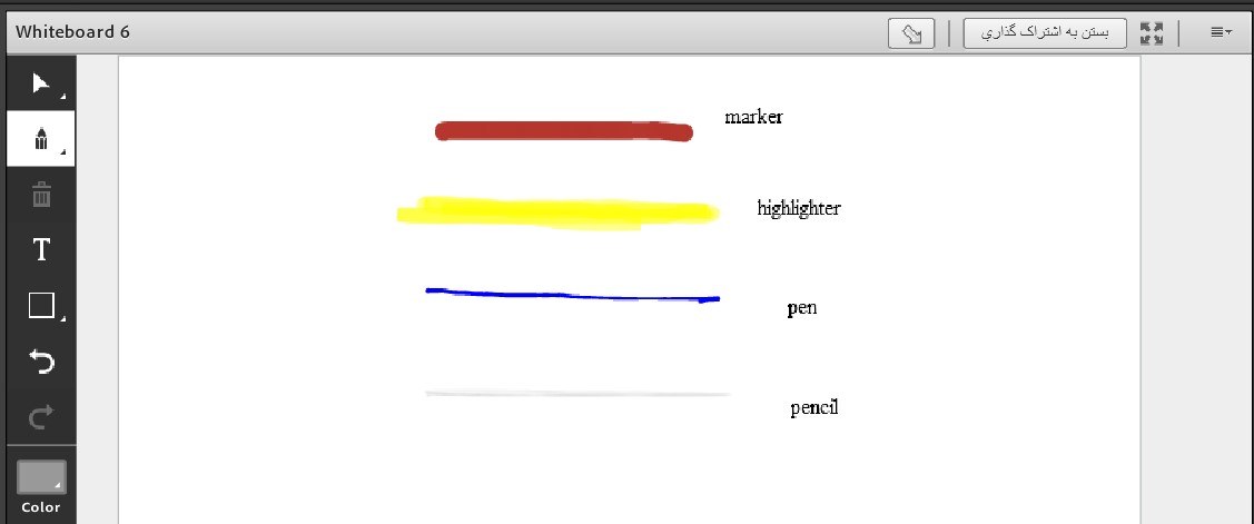 ابزارهای ماژیک، هایلایت کننده، خودکار و مداد در تخته وایت برد ادوب کانکت